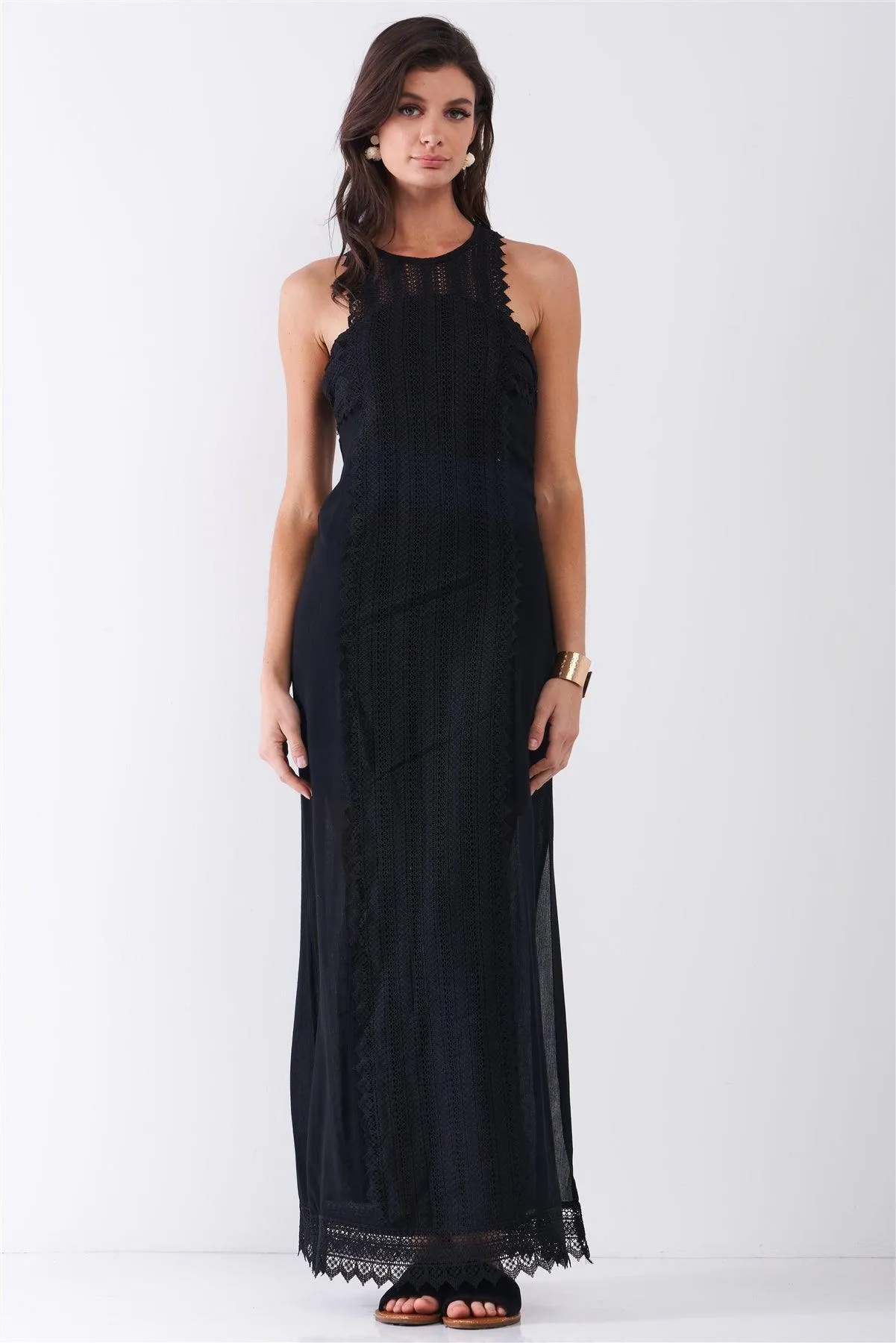 Black Boho Chic Crochet Embroidery Trim Sleeveless Round Neck Slit Detail Straight Maxi Dress /2-2-2