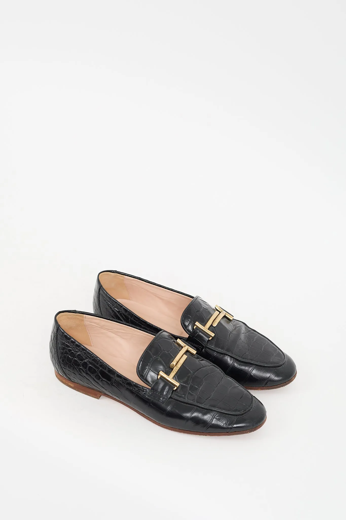 Black Leather Embossed Double T Loafer