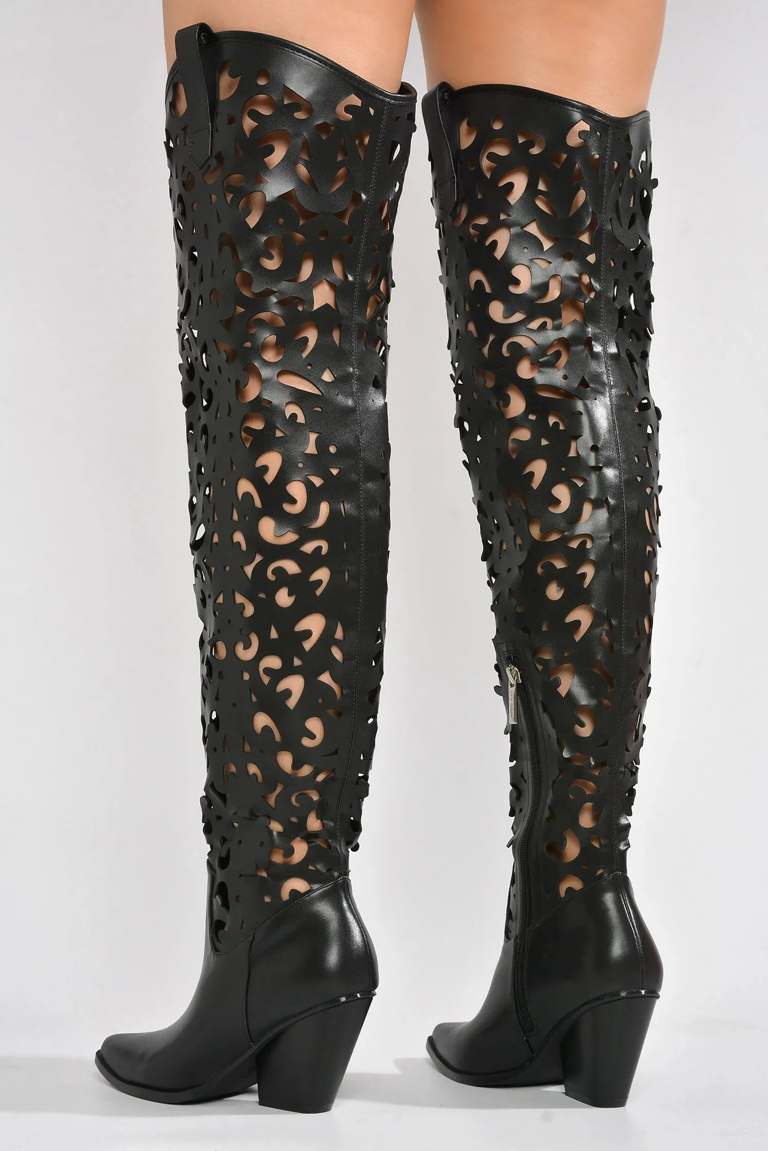 Black Womens Cutout Chunky Over The Knee Boots