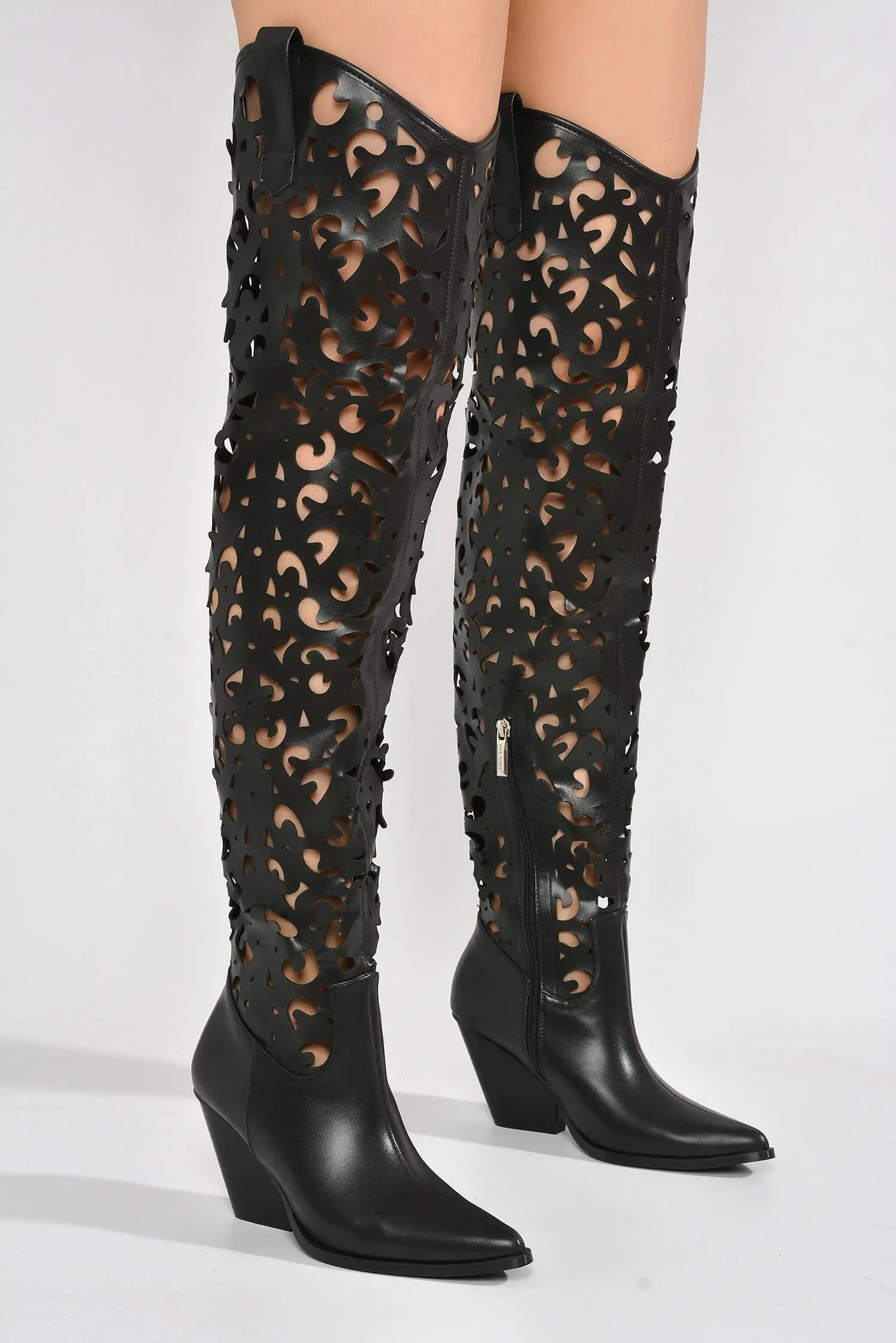 Black Womens Cutout Chunky Over The Knee Boots