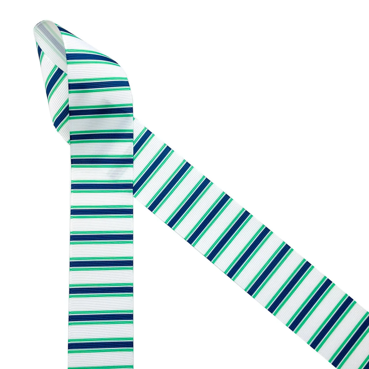 Blue and green  striped  ribbon  printed on 1.5" white grosgrain