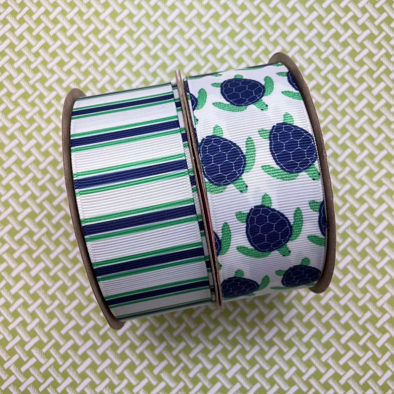 Blue and green  striped  ribbon  printed on 1.5" white grosgrain