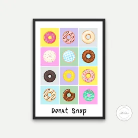 Donut Shop Colorful Wall Art PRINTABLE WALL ART, Preppy Decor, Donut Poster, Pastel Wall Art, Pop Culture Wall Art, Food Art