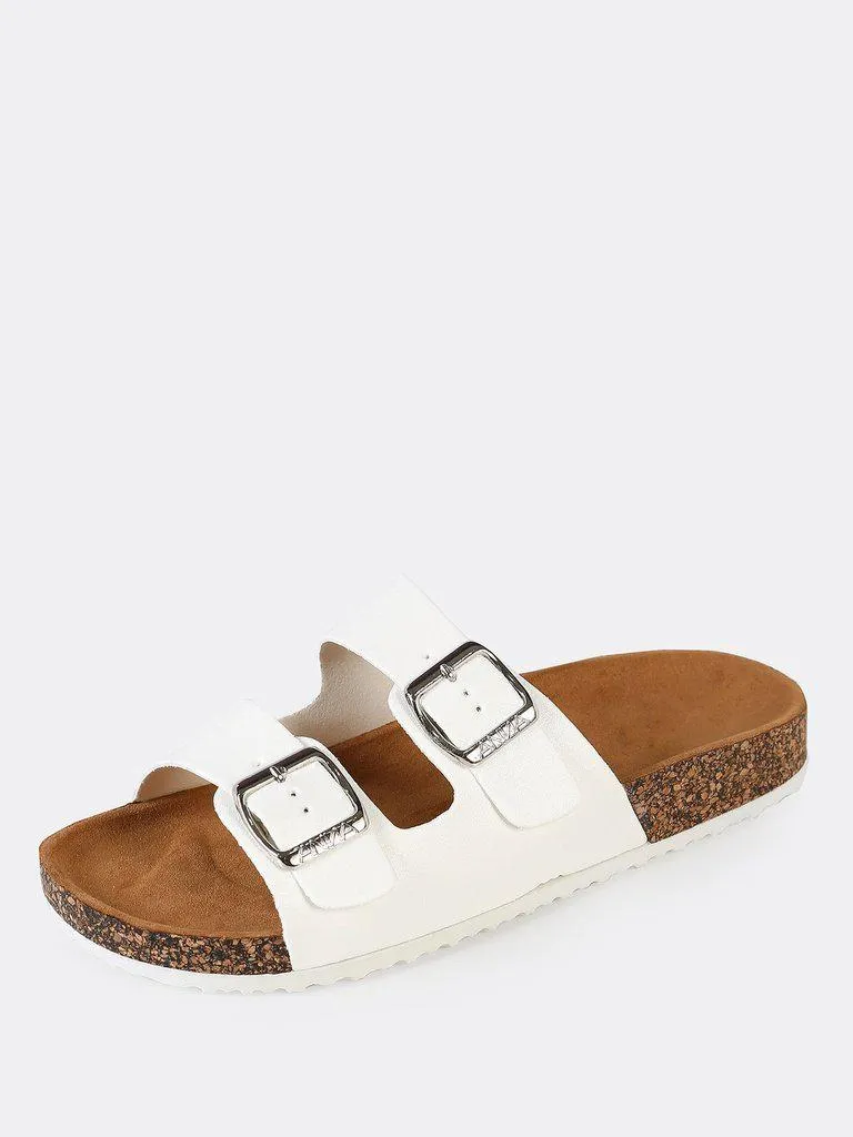 Double Buckle Cork Footbed Slide Sandal WHITE