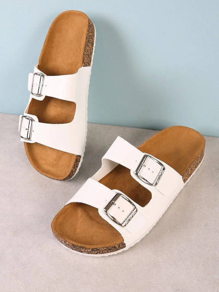 Double Buckle Cork Footbed Slide Sandal WHITE