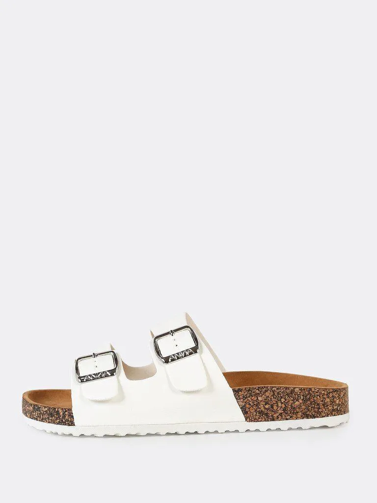 Double Buckle Cork Footbed Slide Sandal WHITE