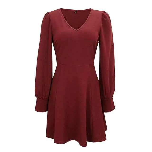 Elegant Loose Streetwear Lantern Strap Solid V-neck Office Short Party Dress