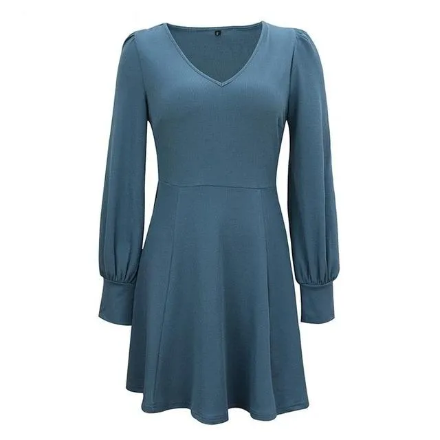 Elegant Loose Streetwear Lantern Strap Solid V-neck Office Short Party Dress