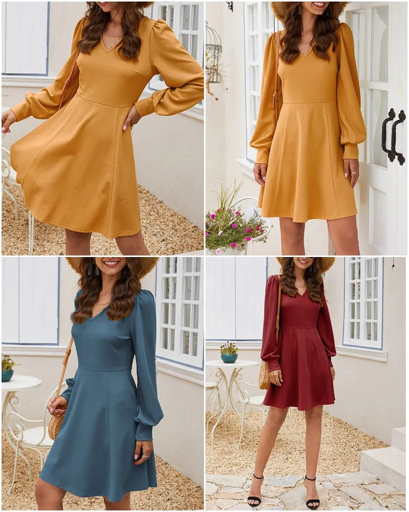 Elegant Loose Streetwear Lantern Strap Solid V-neck Office Short Party Dress