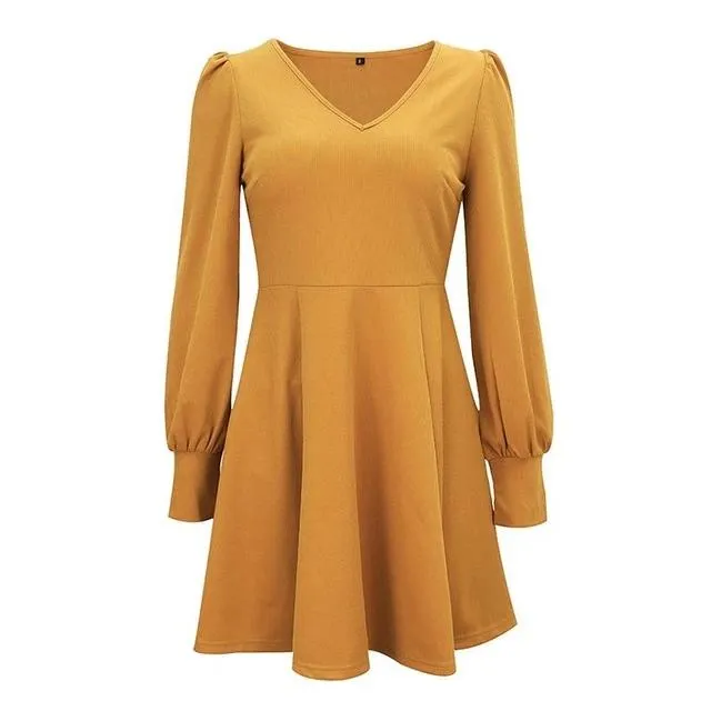 Elegant Loose Streetwear Lantern Strap Solid V-neck Office Short Party Dress