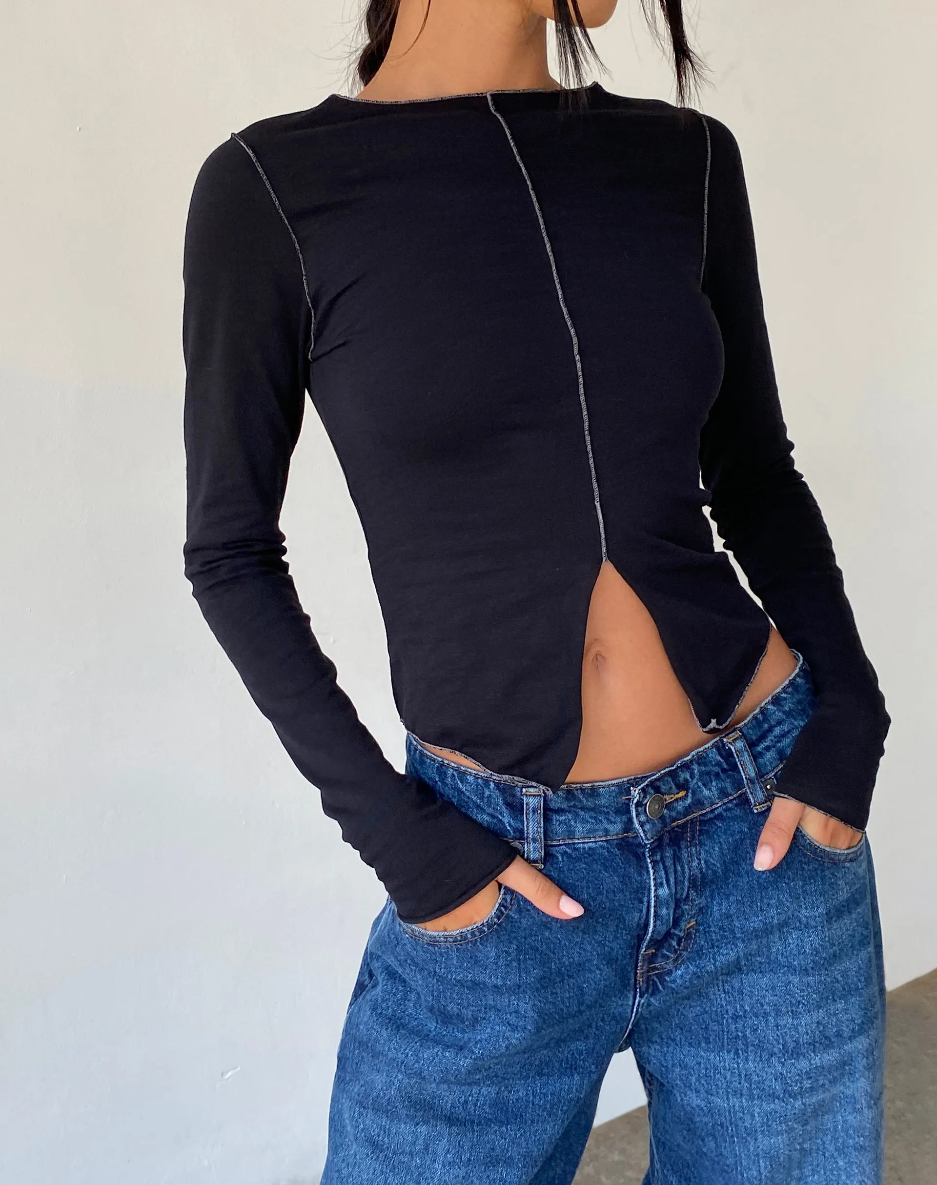 Fenrin Long Sleeve Butterfly Jersey Top in Black