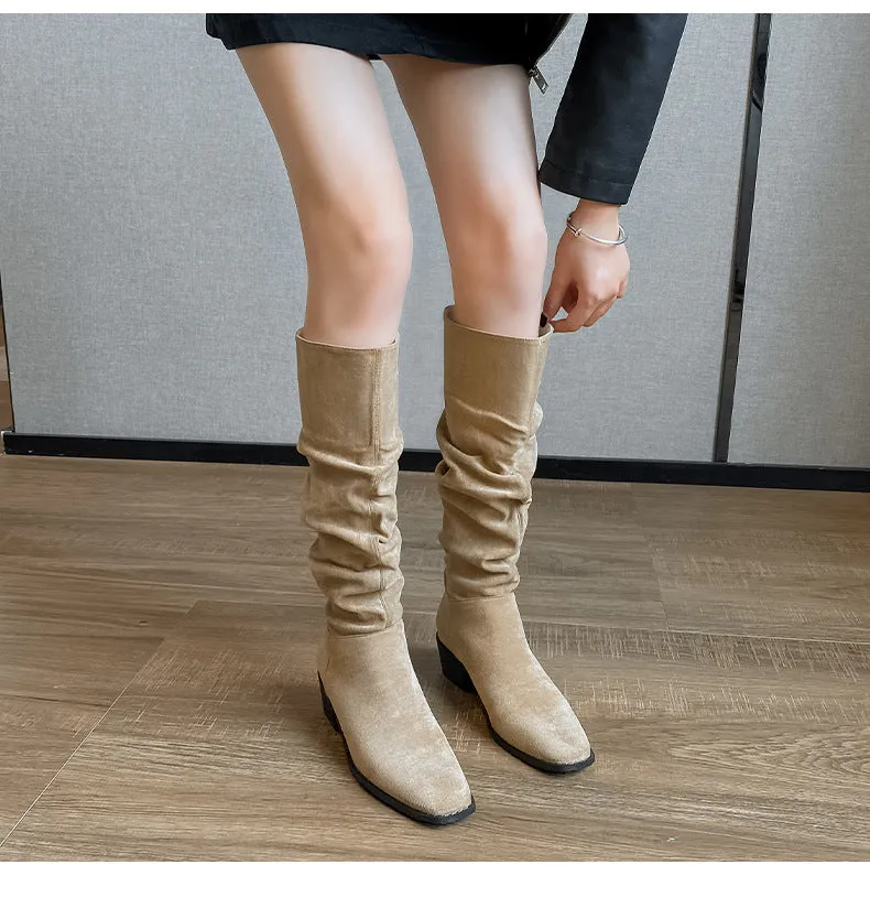 French Mid-calf Thin Western Denim Boots