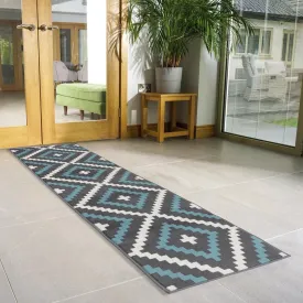 Hard Wearing Hessian Backed Stair Runner Kitchen Mat - Texas Blue & Grey Geometric Tiles