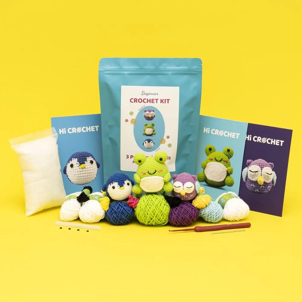Hicrochet Kit For Beginners,  Multi Animals-Owl, Penguin, Frog, Knitting Kit For Adult Kids