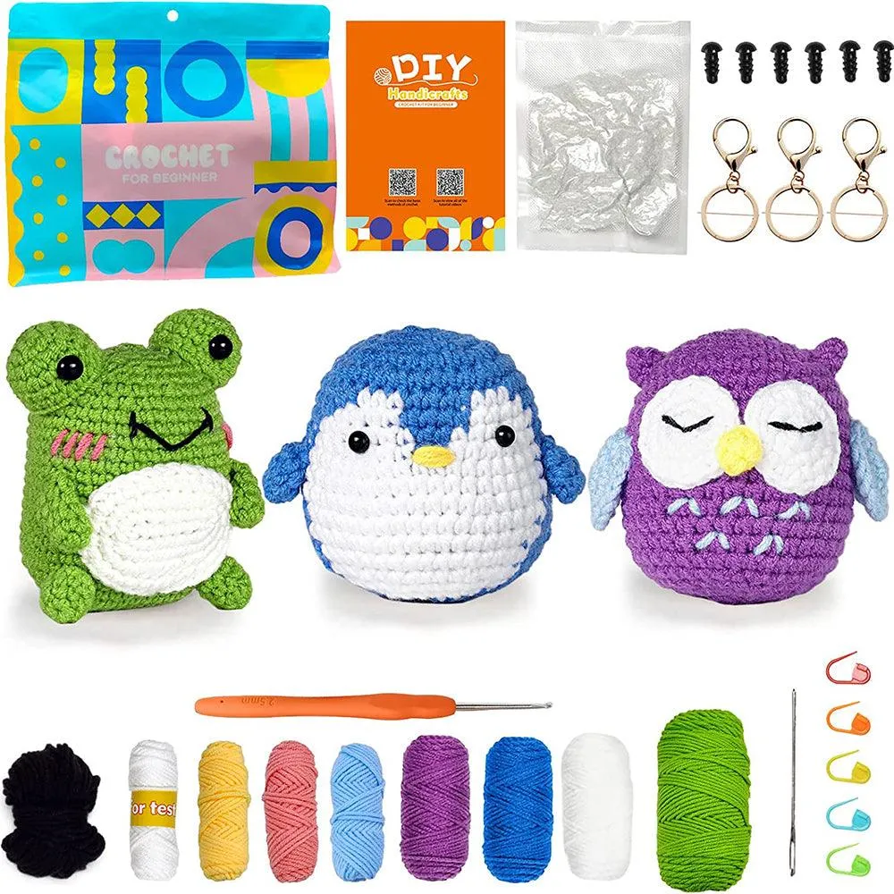 Hicrochet Kit For Beginners,  Multi Animals-Owl, Penguin, Frog, Knitting Kit For Adult Kids