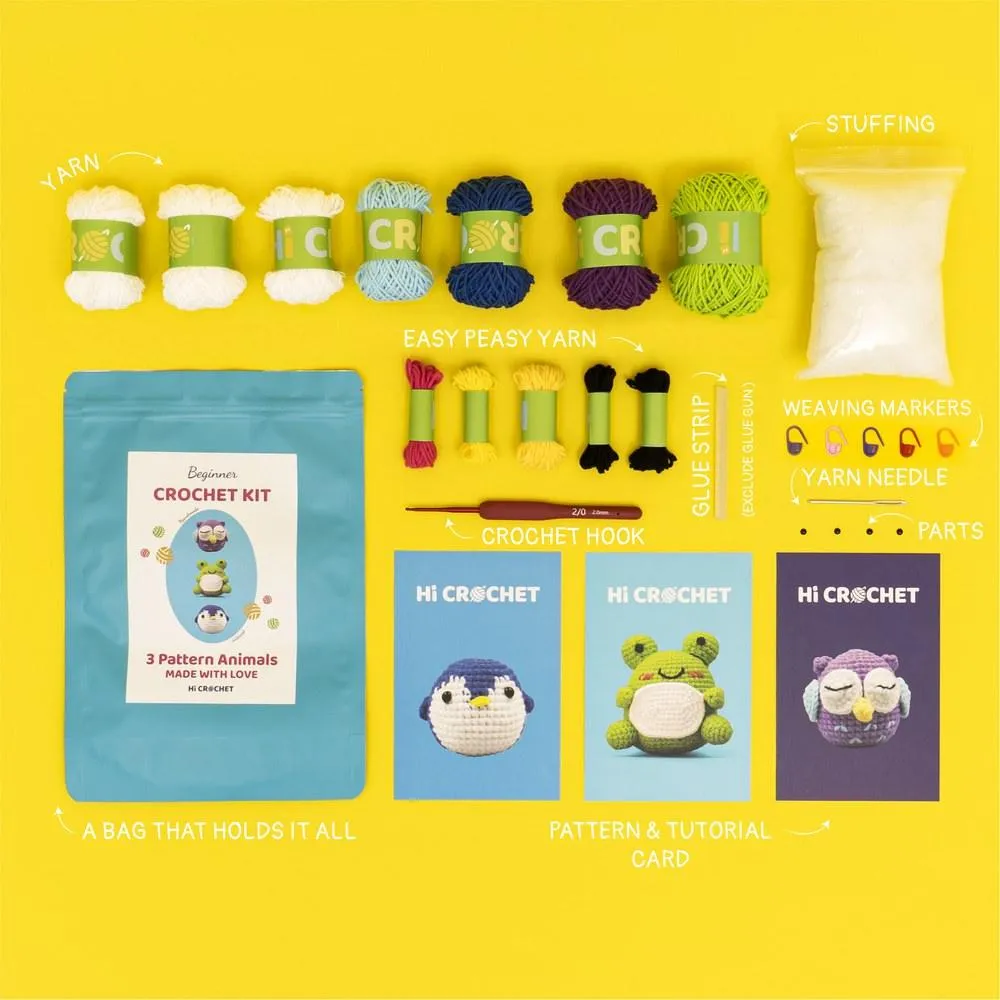Hicrochet Kit For Beginners,  Multi Animals-Owl, Penguin, Frog, Knitting Kit For Adult Kids
