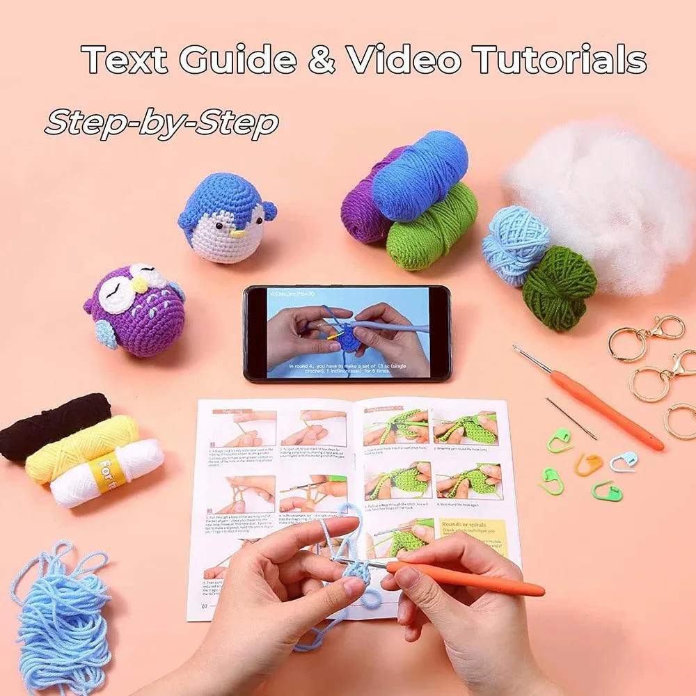 Hicrochet Kit For Beginners,  Multi Animals-Owl, Penguin, Frog, Knitting Kit For Adult Kids