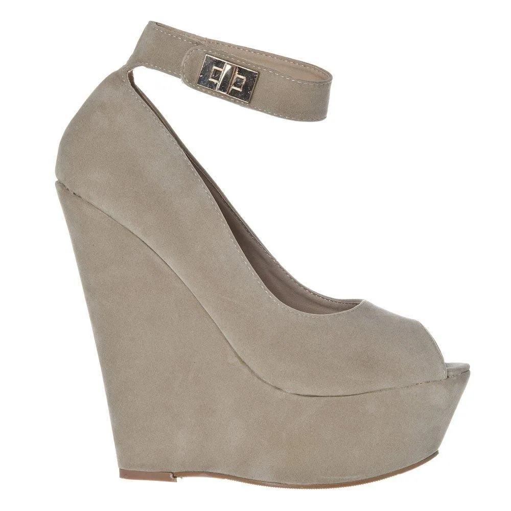 Joey Peep Toe Platform Wedge High Heeled Ankle Strap Court Shoe