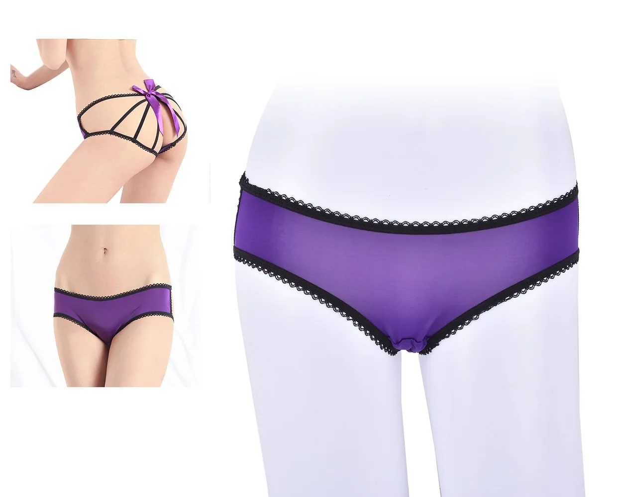 Lace Open Crotch Thong with a Strappy Back and Satin Bow