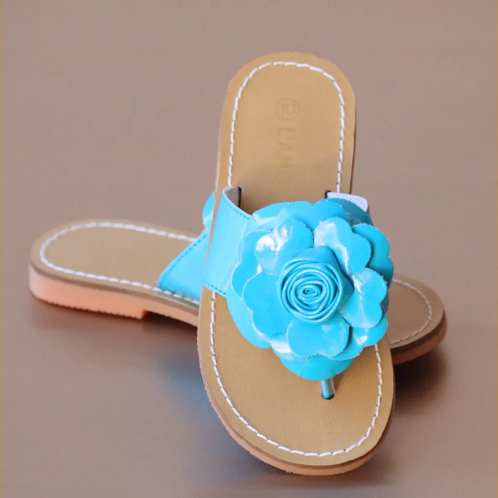 L'Amour Girls Patent Rosebud Flower Thong Sandal