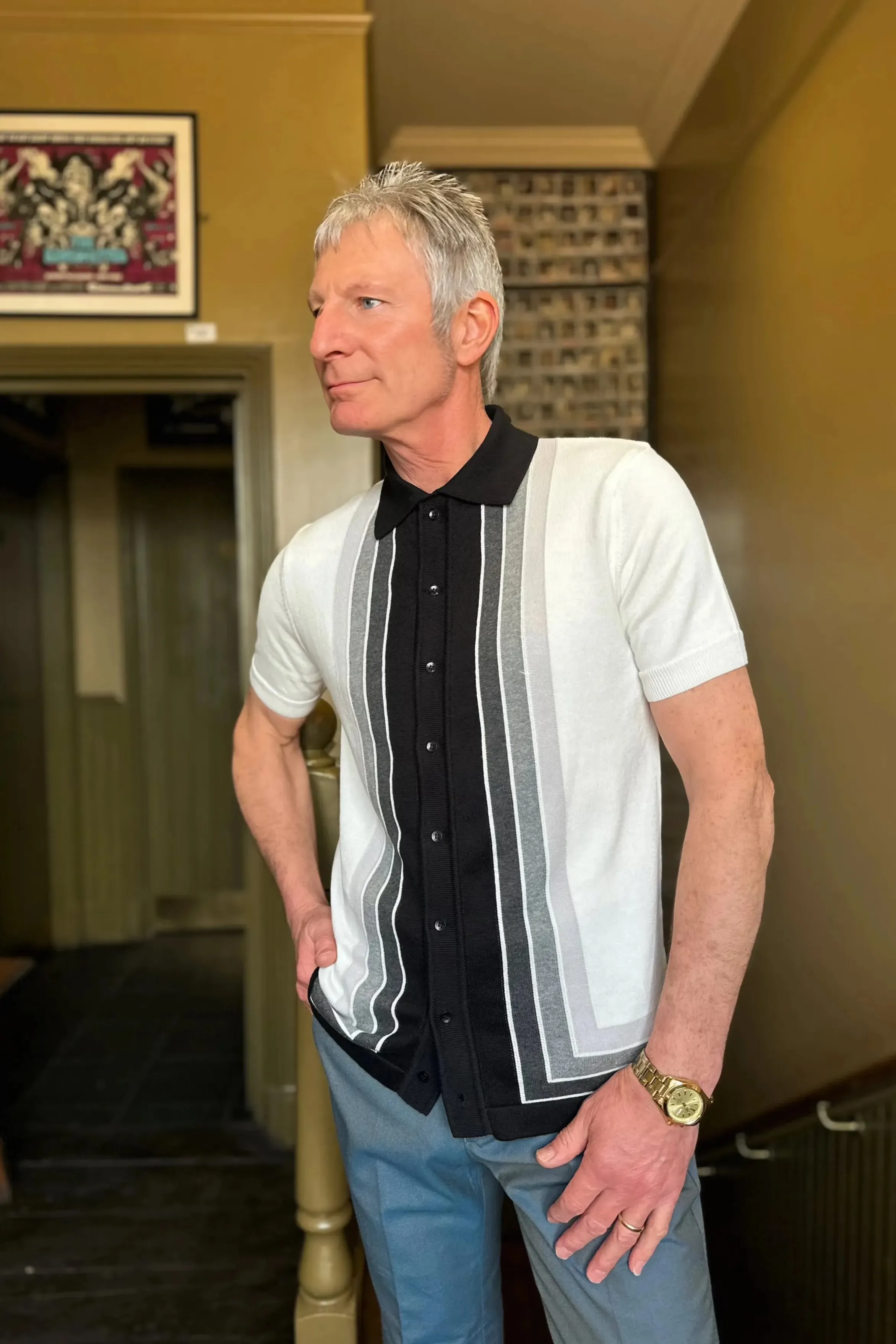 Mr Bridger -  Curtis Graduated Stripe 'The Ghost Town' Button Through MB1115 - Polo Knit