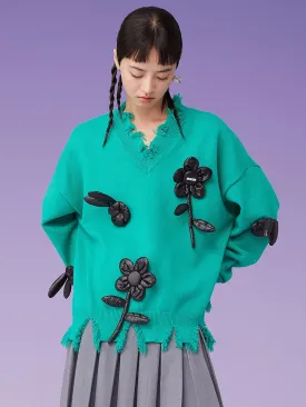 MUKZIN Knit V Neck Raw Hem Floral Appliques Green Sweater