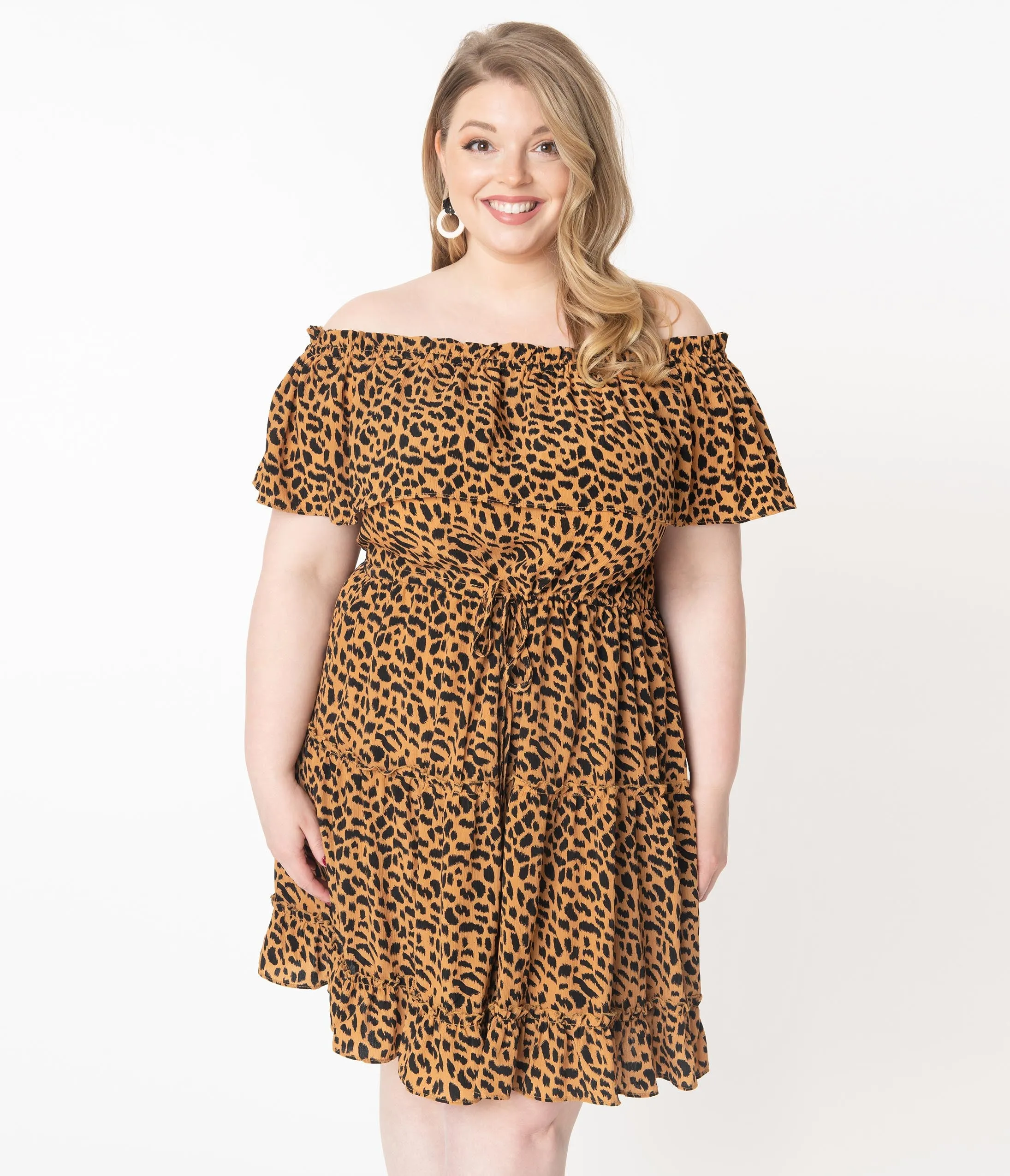 Plus Size Leopard Print Off Shoulder Fit & Flare Dress