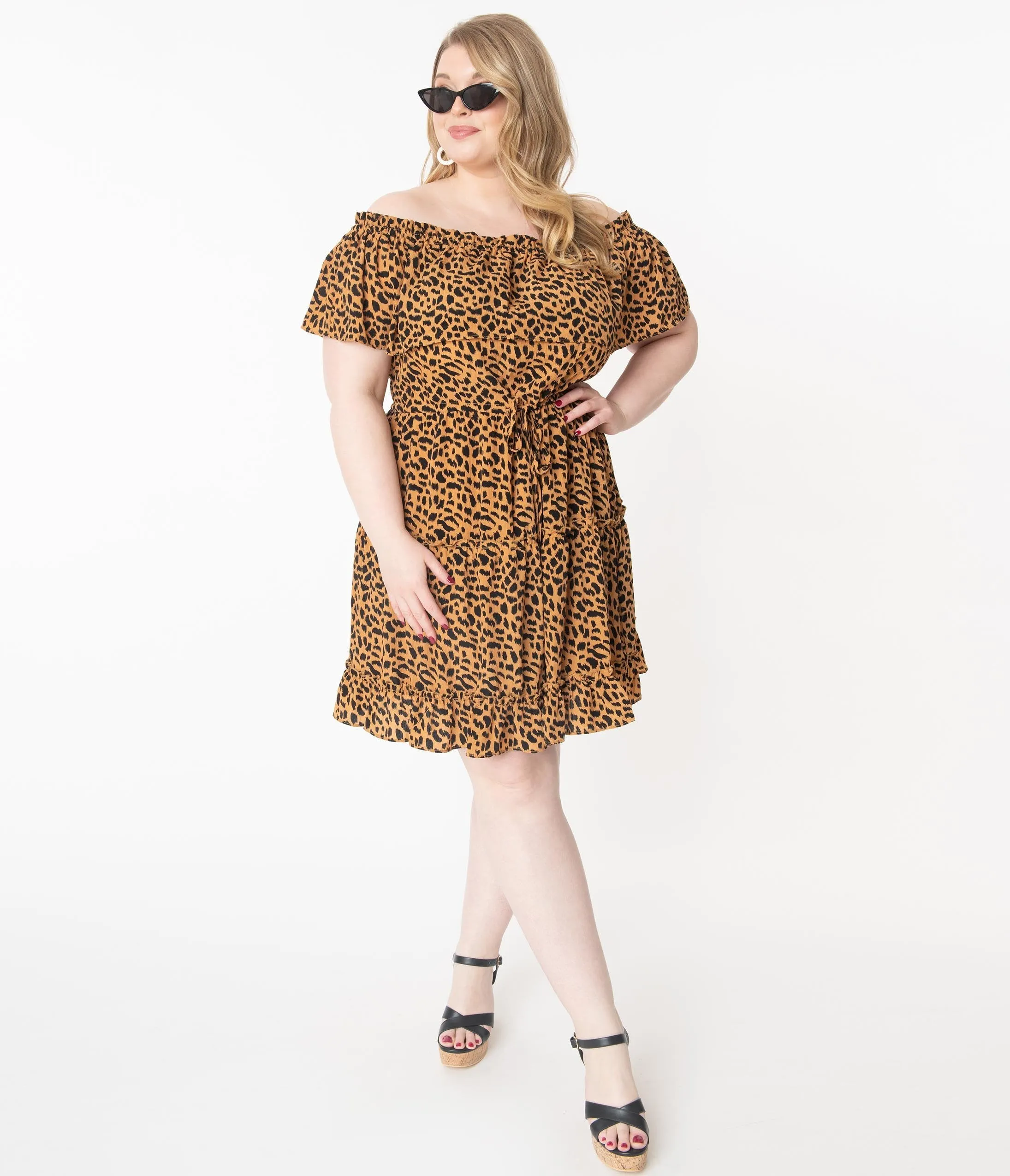 Plus Size Leopard Print Off Shoulder Fit & Flare Dress