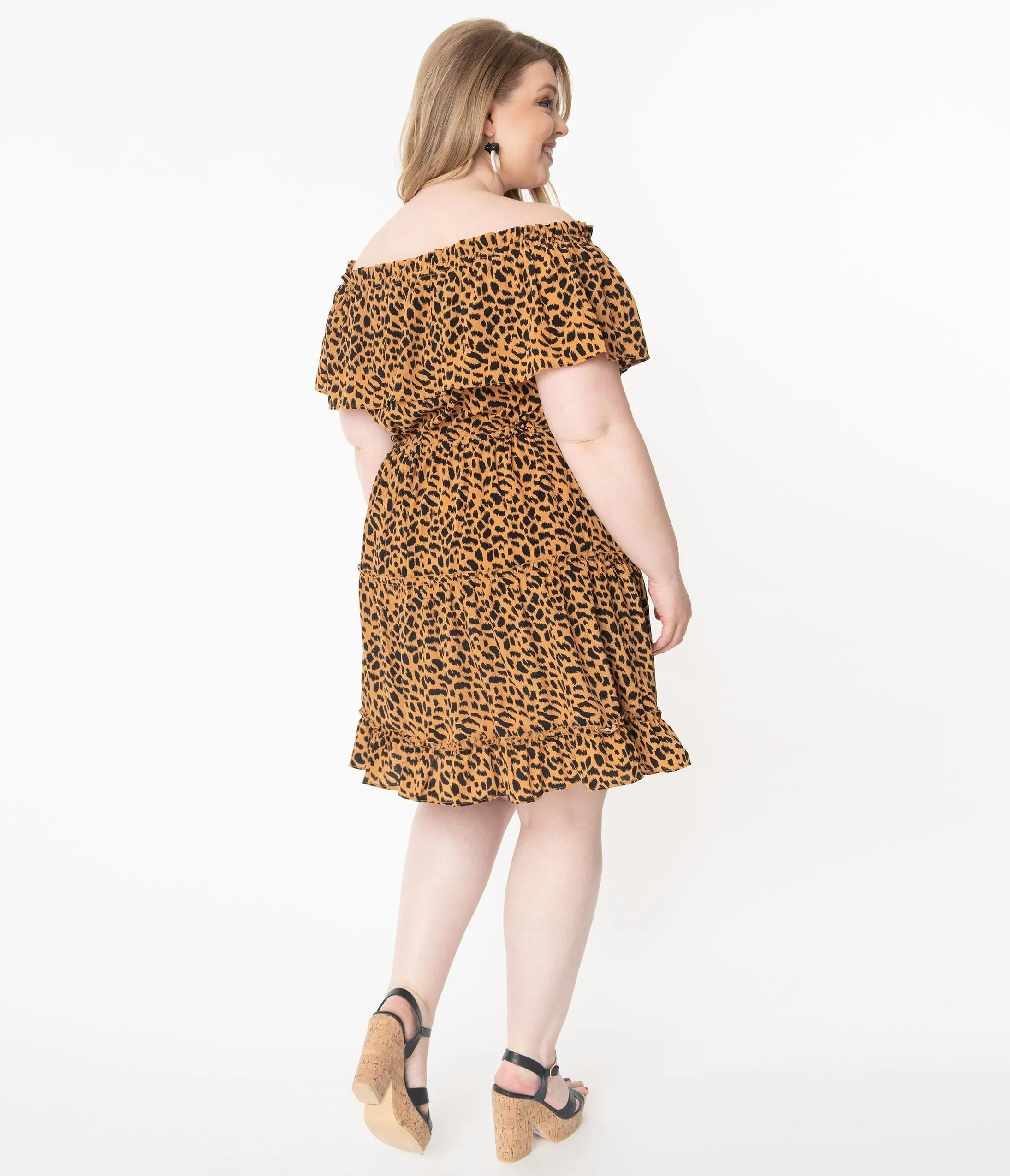 Plus Size Leopard Print Off Shoulder Fit & Flare Dress