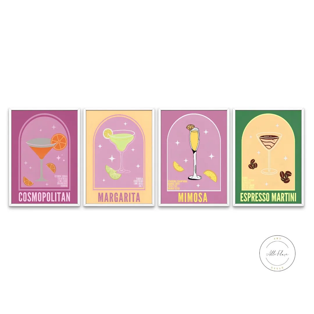Preppy Cocktail Prints Set Of 4 PRINTABLE ART, Bar Cart Art, Colorful Cocktail Prints With Recipes, Retro Cocktail Posters, Preppy Wall Art