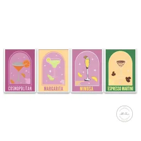 Preppy Cocktail Prints Set Of 4 PRINTABLE ART, Bar Cart Art, Colorful Cocktail Prints With Recipes, Retro Cocktail Posters, Preppy Wall Art