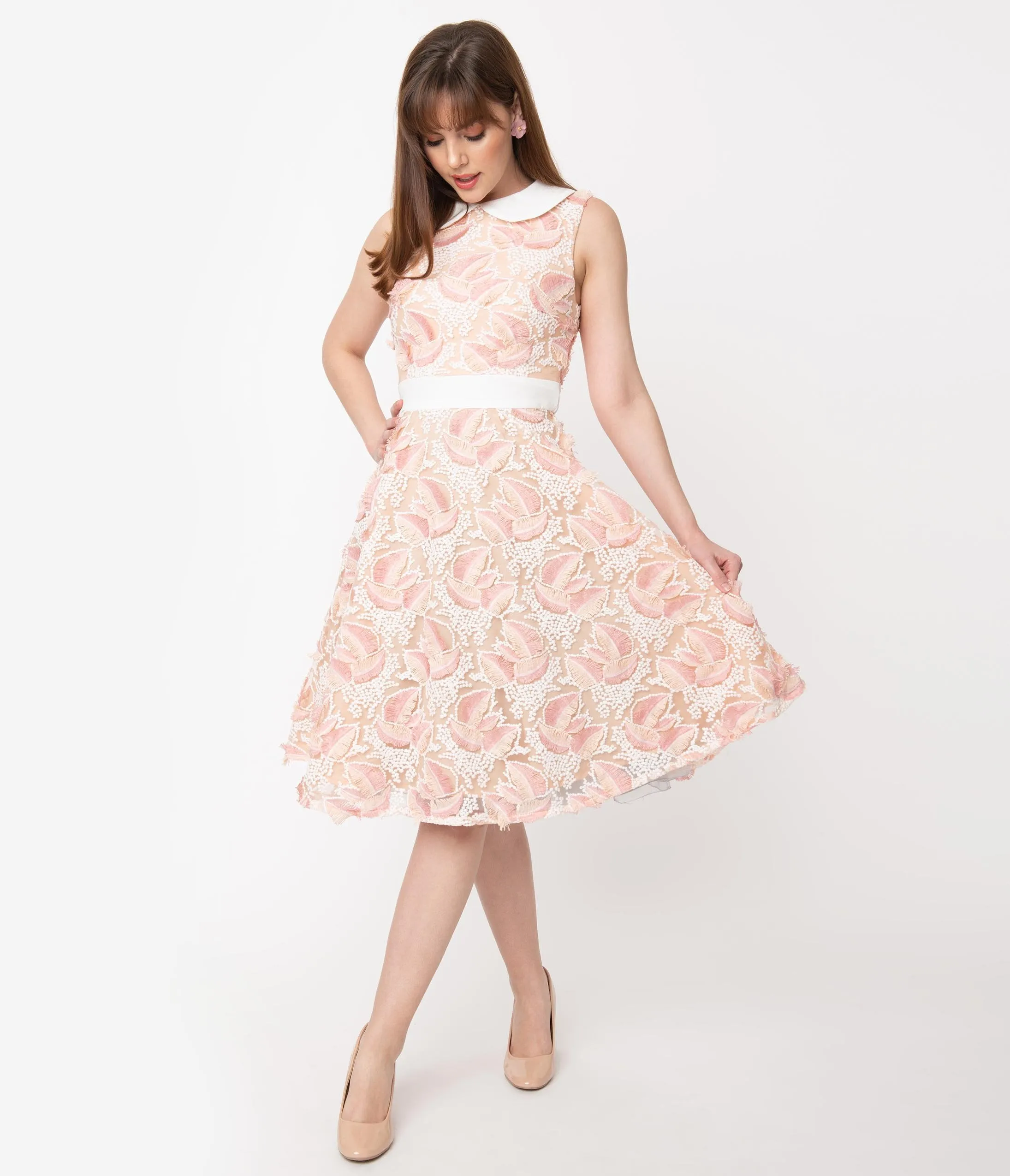 Retro Beige & Ivory Embroidered Tulle Alice Swing Dress