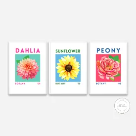 Set Of 3 Preppy Botany Flowers Posters PRINTABLE WALL ART, Neon Wall Art, Preppy Wall Decor, Colorful Botanical Wall Art, Flower Wall Decor