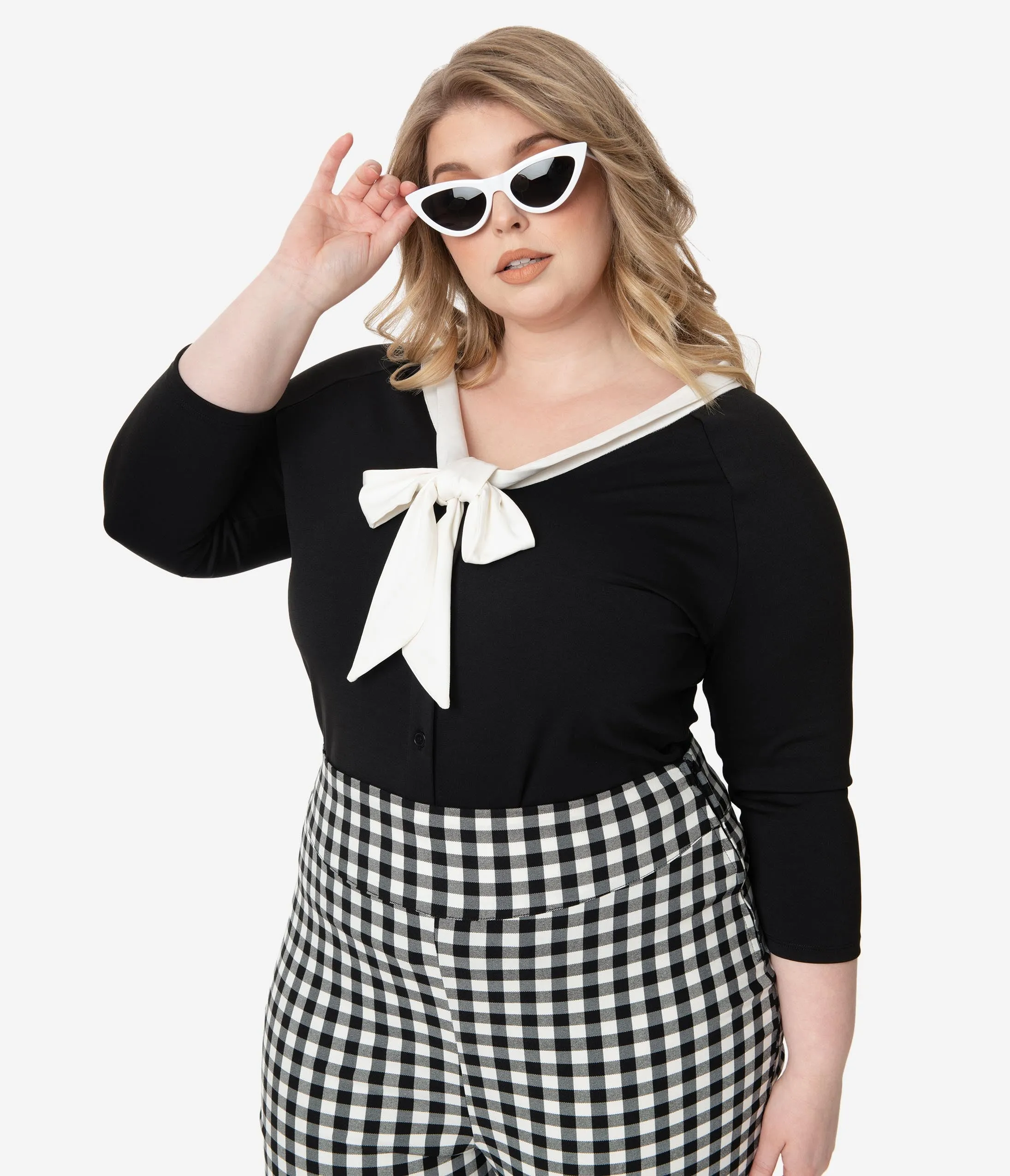 Unique Vintage Plus Size 1950s Black & White Bow Tie Charlotte Top