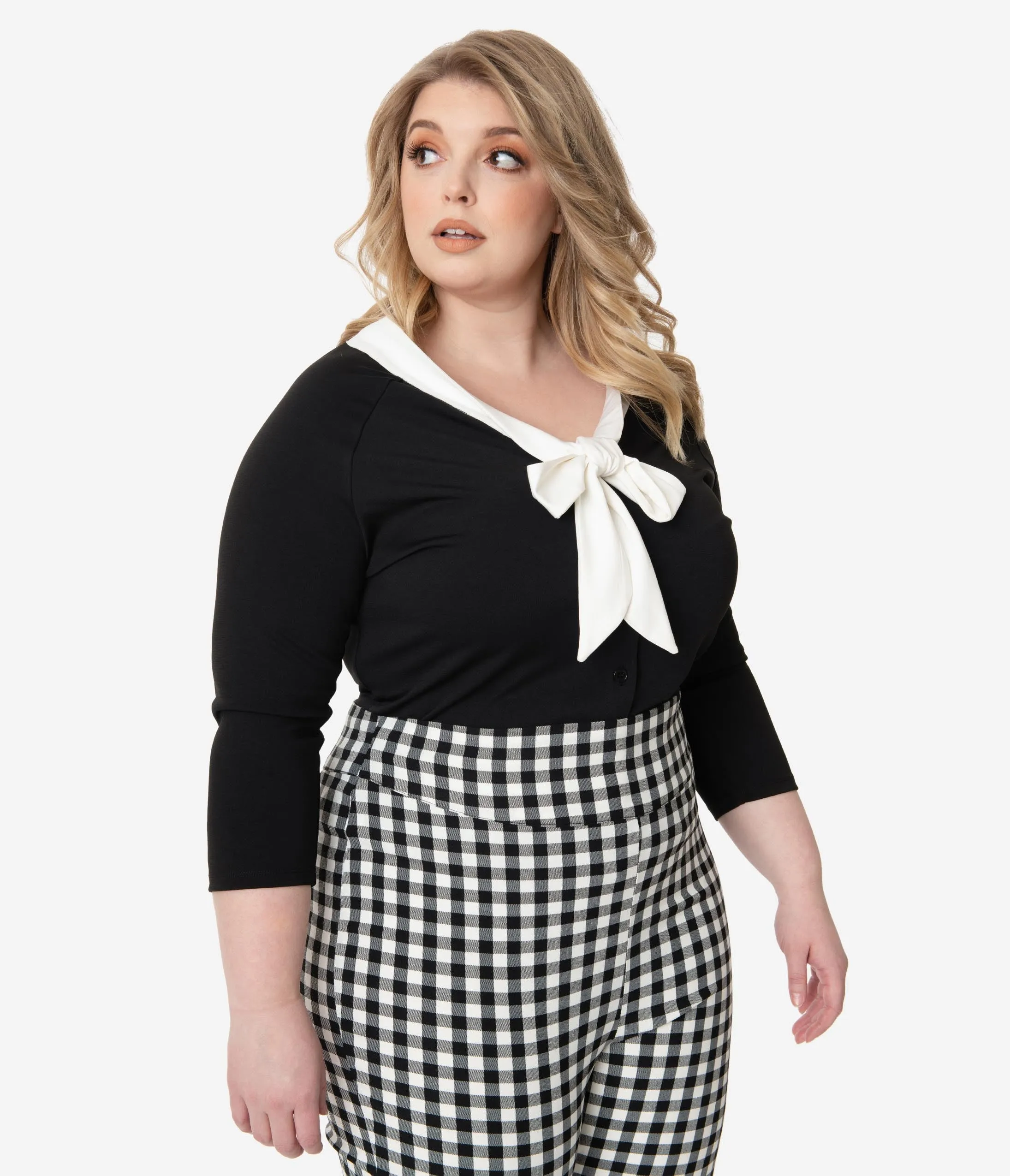 Unique Vintage Plus Size 1950s Black & White Bow Tie Charlotte Top