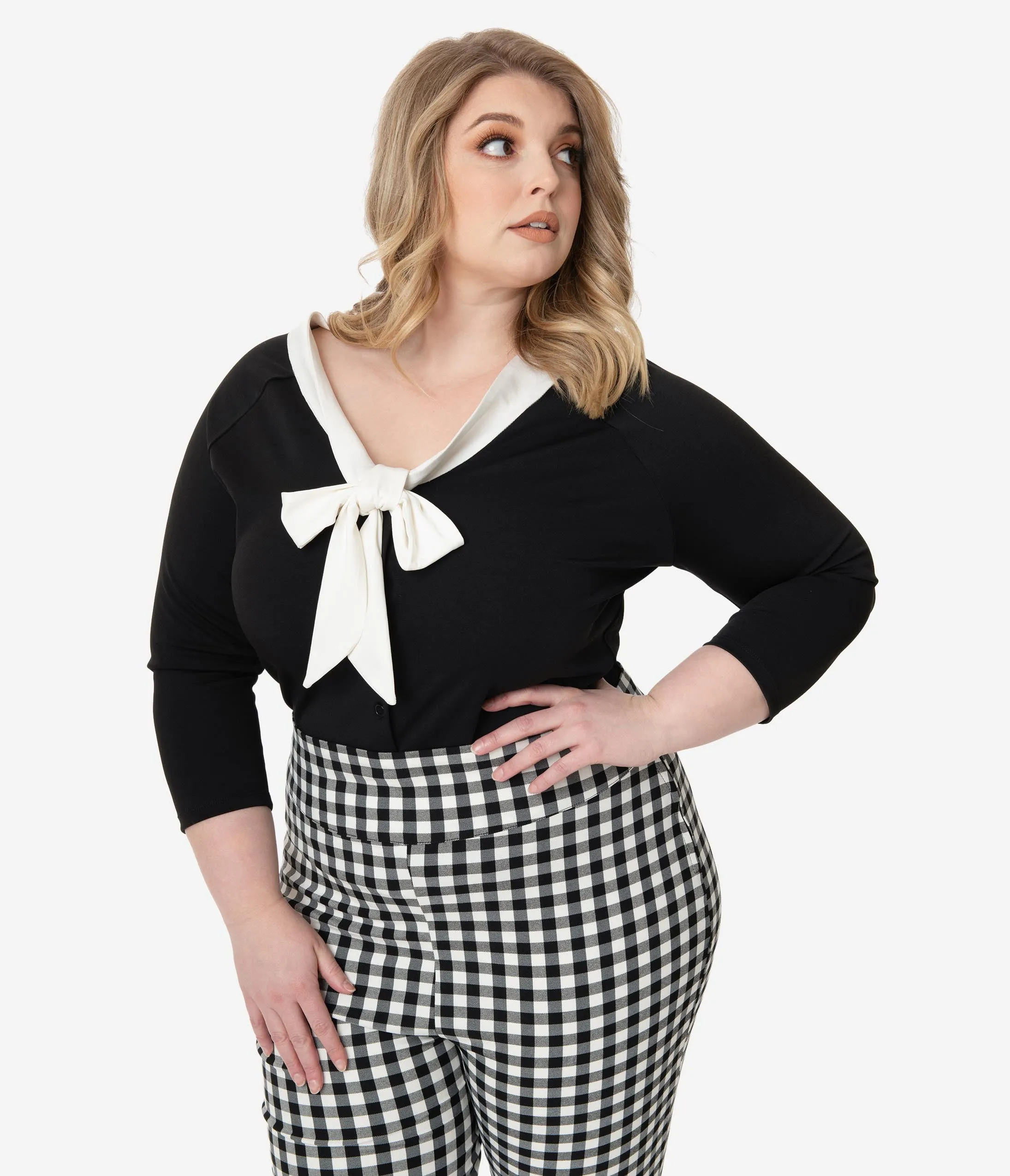 Unique Vintage Plus Size 1950s Black & White Bow Tie Charlotte Top