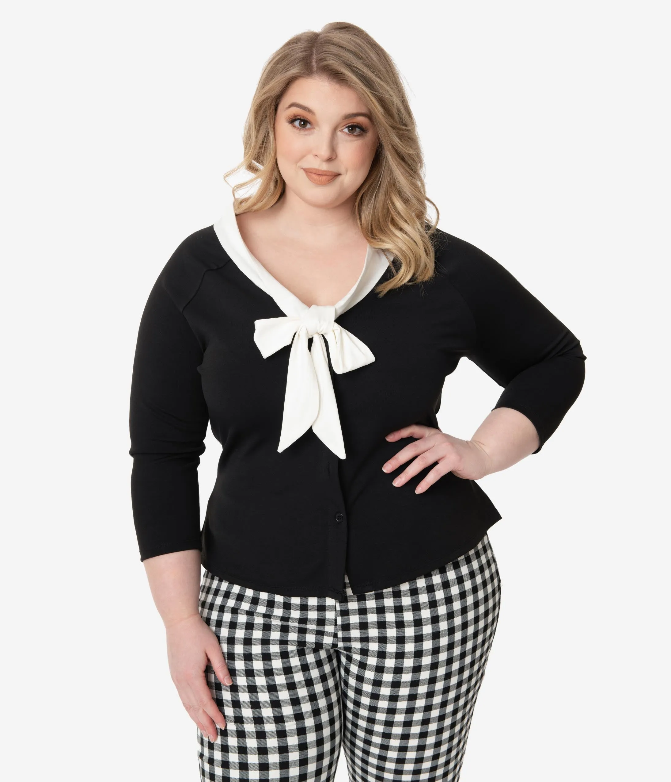 Unique Vintage Plus Size 1950s Black & White Bow Tie Charlotte Top