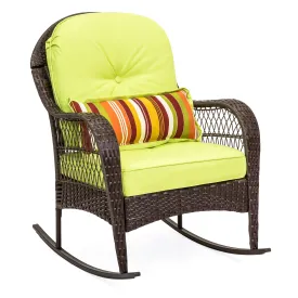 Wicker Rocking Chair w/ Steel Frame, Decorative Pillow, Cushions