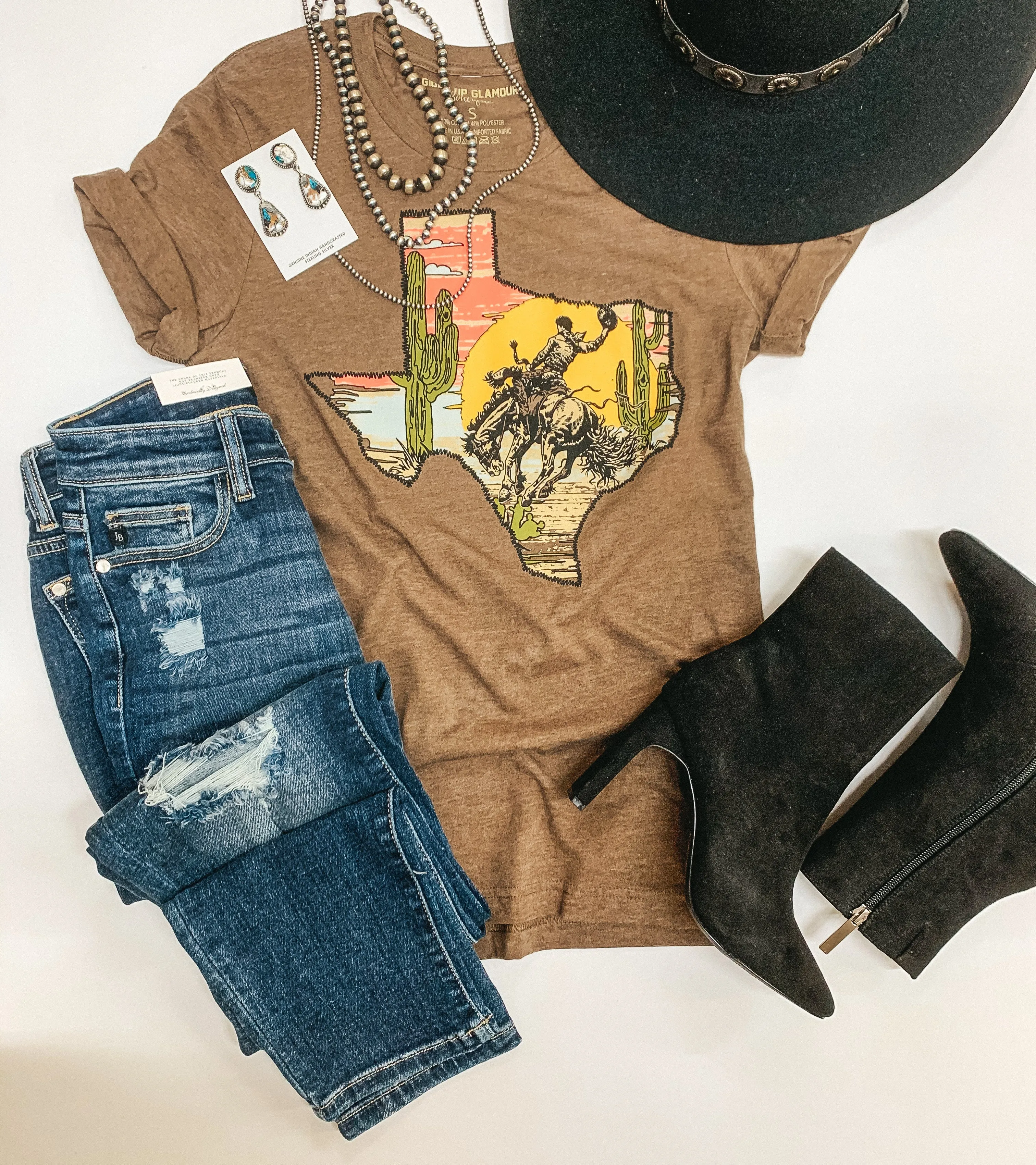 Wild West Saddle Bronc in Texas Inlay Graphic Tee in Heather Brown