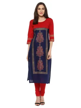 Women Red And Blue Tribal Ajrakh Hand Block Cotton Printed Straight Kurta - Inayat